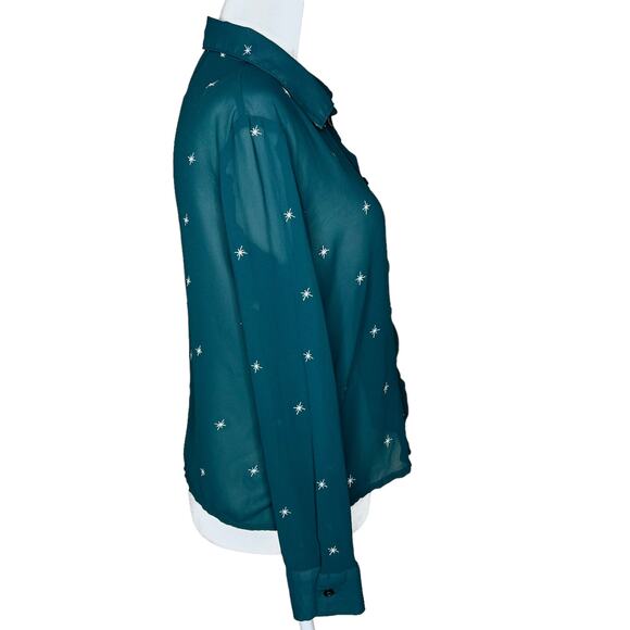 Honey Punch Button Front Sheer Star Embroidered Top Green Small - Picture 2 of 10